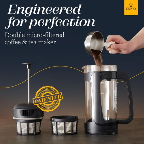 ESPRO - P3 French Press - Double Micro-Filtered Coffee and Tea Maker, Grit-Free and Bitterness-Free Brews, Ideal for Loose Tea and Coffee Grounds - (Black, 32 Oz)