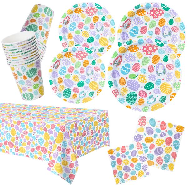 Easter Egg Party Paper Plates, Napkins, Dessert Plates, Paper Cups Tableware Set for 25 Persons Happy Easter Party Supplies