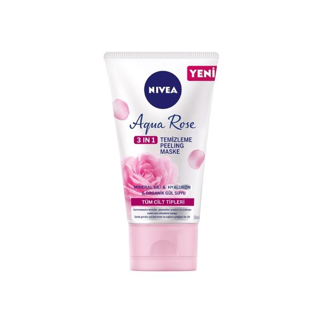 NIVEA Aqua Rose 3ü1 arada Yüz Temizleme Peeling Maske Tüm Cilt Tipleri, 150 ml, Organik Gül Suyu, Hyaluron, Mineral Kil ile Gözenek Arındırıcı, Yüz Temizleyici