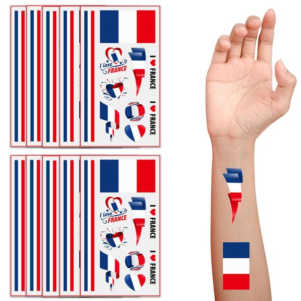 Frankreich Flagge Tattoos Aufkleber,EM 2024 Temporäre Tattoos mit Frankreich Flagge,Wasserdichter Gesichts Tattoos Sticker für WMEuropameisterschaft 2024,10PC