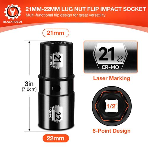 BLACKROBOT 1/2" Drive 21mm x 22mm Impact Lug Nut Socket, Thin Wall Socket Set, CR-MO, 6-Point, Electroplated Surface for Auto Repair