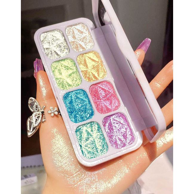 8 Color Face Cheek Highlighter Makeup Palette Shimmer Glitter Iridescent Multichrome Holographic Eyeshadow Palette Purple Rainbow Glitter Highlighter Makeup Highlight and Contour Palette Eye Makeup