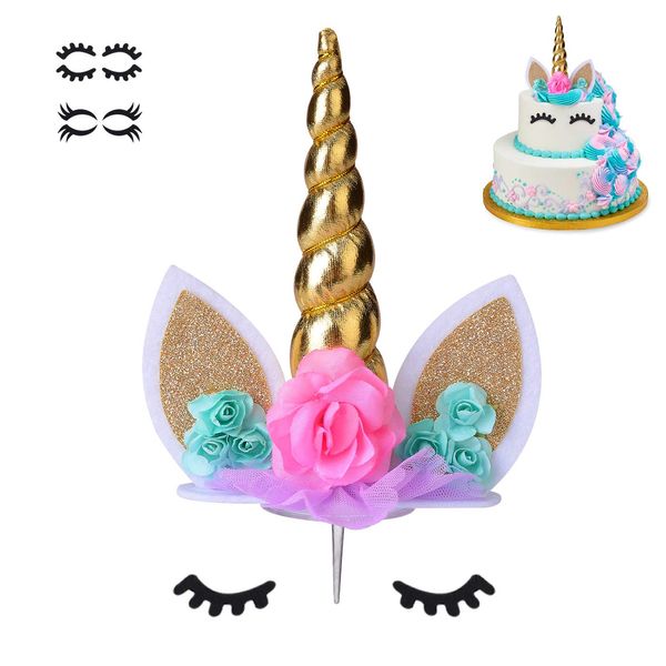 Unicorn Cake Topper,Handmade Party Cake Decoration Supplies with multiple Eyelashes,Reuasble Gold Horn for Birthday Party,Baby Shower&Wedding…