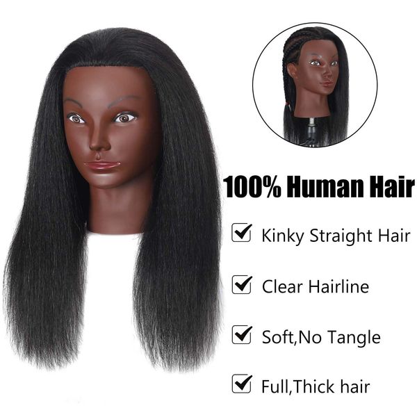 ZOMOI Mannequin Head 100% Human Hair Hairdresser Training Braiding Styling Manikin Cosmetology Makeup Manican Doll Display Practice with Stand(Black 16inch A)