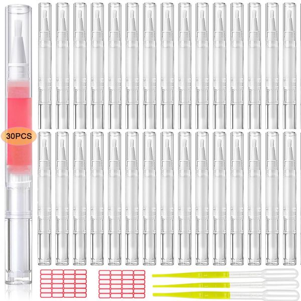 42 PCS Cuticle Oil Pen Empty Kit, 30pcs 3ML Transparent Twist Pen with 10pcs Transfer Pipettes 2pcs Stickers for Cuticle Oil Applicators Lip Gloss Tube Cosmetic Containers Eyelash Growth Liquid Tube