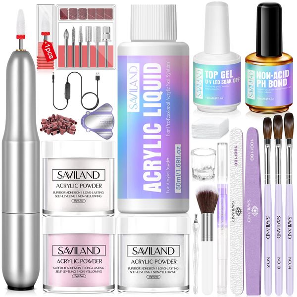 Saviland Upgraded Acrylic Nail Kit for Beginners - 3 Colors Acrylic Powder | Speed-Adjustable Nail Drill | Acrylic Liquid | Acrylic Brush | Top Gel & Non-acid PH Bond | Acrylic Set | Gift for Women