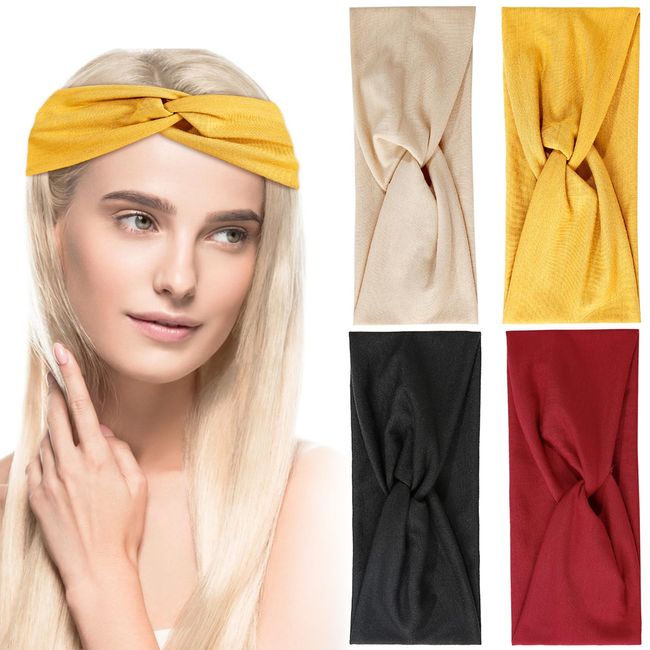 Hriymtd 4er Pack Stirnband Damen Breites Elastisches Headwrap für Sport Yoga Freizeit, Retro-Design Weich Hautfreundlich Haar-Accessoires in 4 Farben