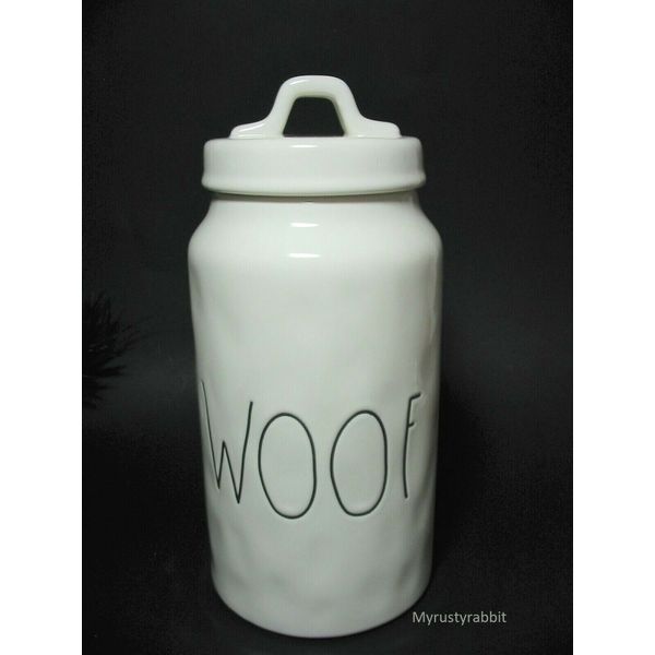 Rae Dunn WOOF Dog Treat Canister Storage Container Ivory Pottery 9.75" Dimpled