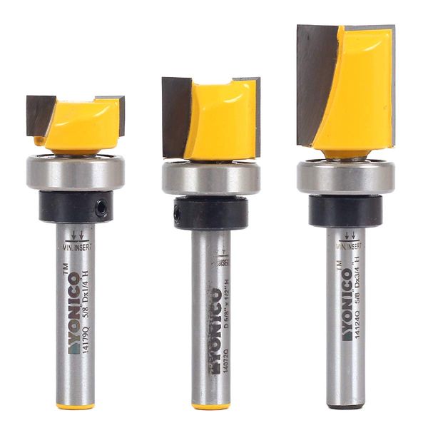 YONICO Router Bits Pattern Bit Flush Trim Set 3 Bit 5/8-Inch Diameter 1/4-Inch Shank 14324q