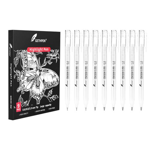 GETHPEN White Gel Pens - Fine, Medium & Bold Tip Ink Pens for Journaling, Art, or Drawing- For Holiday Gifts & DIY Projects - White Ink, Archival Ink Pens -0.6/0.8/1.0 Assorted Tip Sizes -9 Pack