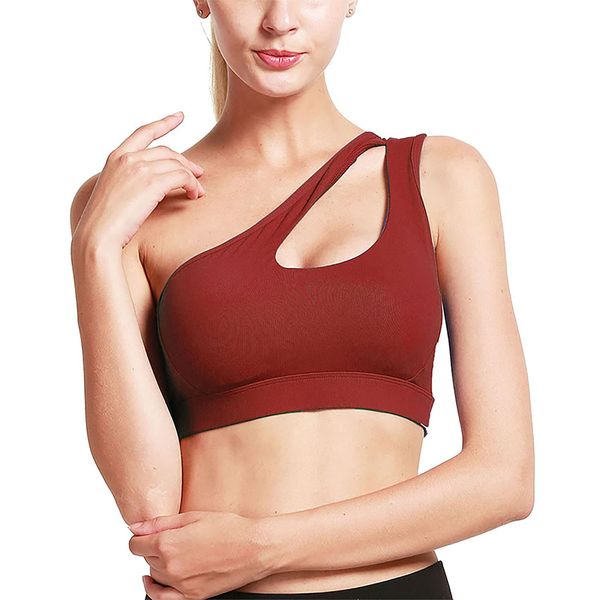 MATHACINO One Shoulder Sports Bra for Women Sexy Cute Workout Yoga Bra Medium Support Wine Red