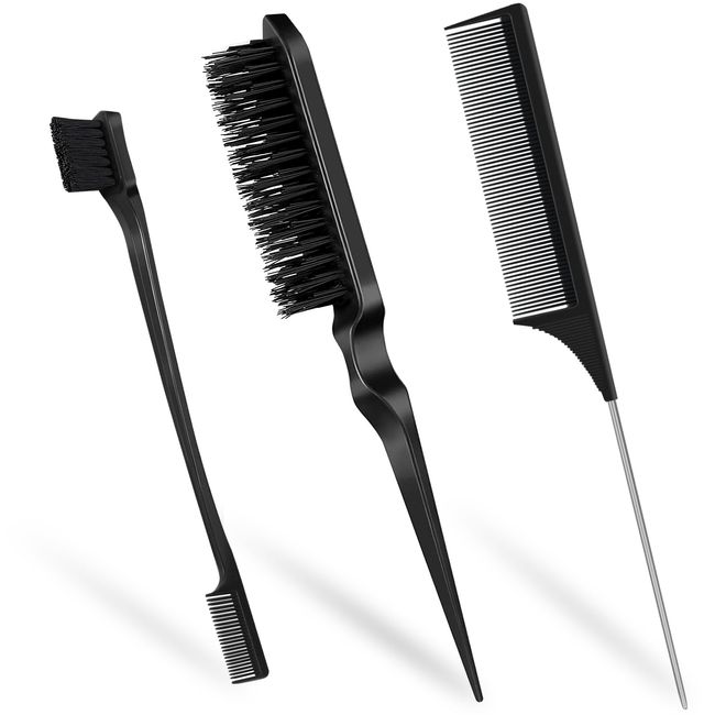 Soodyoow 3 Pcs Slick Back Hair Brush, Black Edges Brush, Bristle Hair Brush Teasing Brush, Rat Tail Hair Comb for Hairdresser Teasing Hair Slicking Brushing Combing Styling