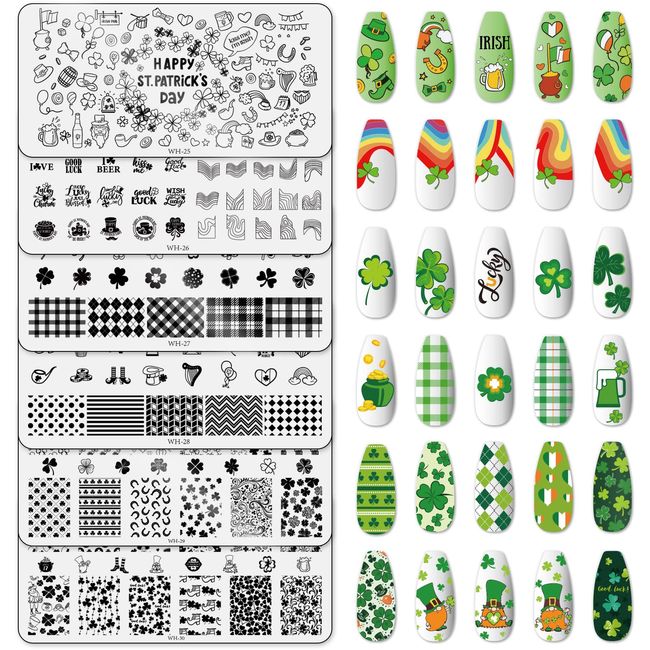 Whaline 6 Pieces St. Patrick's Day Nail Stamping Plates Kit Lucky Shamrock Rainbow Image Stamp Templates Irish Nail Art Plates for St. Patrick's Day DIY Print Manicure Salon Design Gift