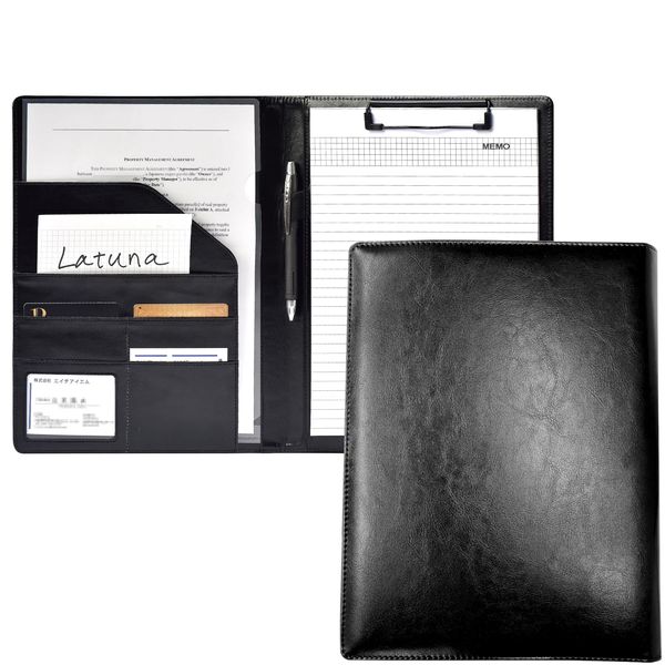 Latuna Binder A4 Clipboard File Bifold Leather Clip Gift PU Business Card Holder Multifunctional Present Pen Holder with Pocket (Black, PU Leather)