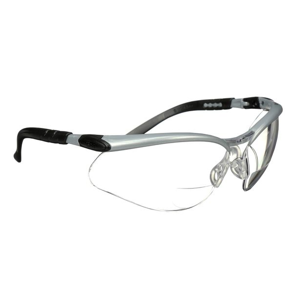 3M Safety Glasses with Readers, BX, +2.0, ANSI Z87, Anti-Fog Anti-Scratch Clear Lens, Silver Frame, Adjustable Length Temples and Lens Angle