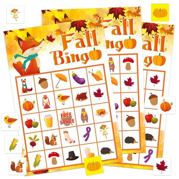 WhatSign Fall Bingo Game Cards for Kids 26 Players Fall Festival Party Games for Kids Adults,Autumn Bingo Cards Thanksgiving Party Favors Supplies School Classroom Family Activities