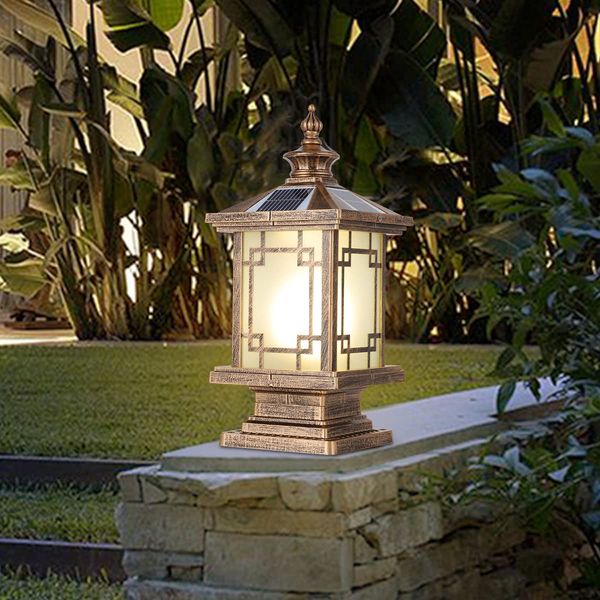 PTOUG LED Solar Post Light Outdoor, Aluminum Fence Post Cap Lamp Remote Control Dimmable Pillar Lights Solar IP65 Waterproof Column Light, 15.7" X 7.3" Pillar Pedestal Lantern for Garden Yard