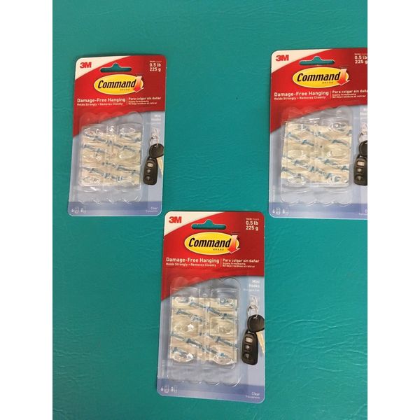 NEW! 3 Packs of 3M COMMAND Mini Clear Hook Strips 6-Pack 17006CLR/ES