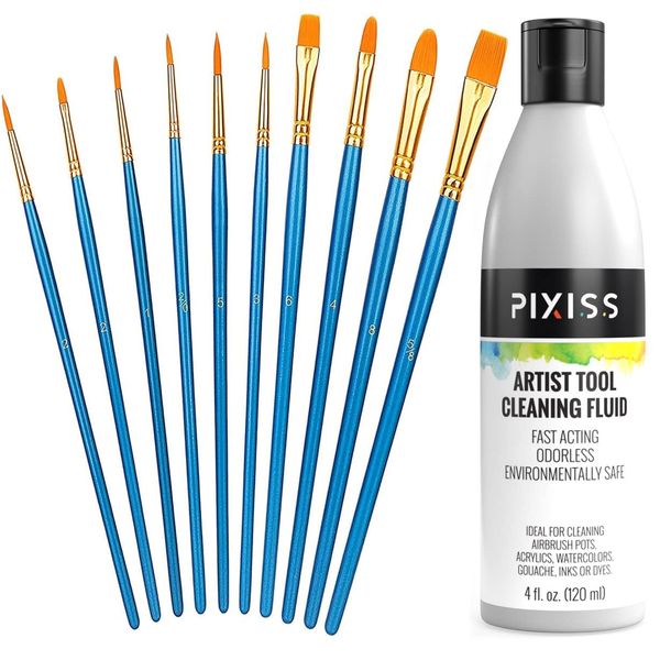 Pixiss Paint Brush Cleaner and Restorer, 4 Ounce Bottle - Acrylic Paint Brush 10 Piece Set, Nylon Hair Brushes for All Purpose Oil Watercolor Painting Artist Professional Kits