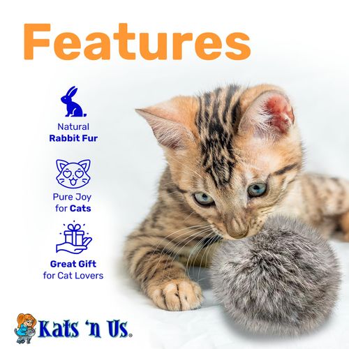 Kats'N Us Interactive Real Rabbit Fur Pom Pom Cat Toys - Set for Cat Entertainment, Training, and Play - 5 Pack