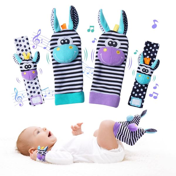 PHEZAPA Baby Wrist Rattles Foot Finder Socks Set, Infant Rattle Socks and Baby Hand rattles Wrist, Newborn Soft Sensory Toys,Infant Wrist Rattles for Babies 0-6 Months,Baby Gifts 6-12 Months（Purple）