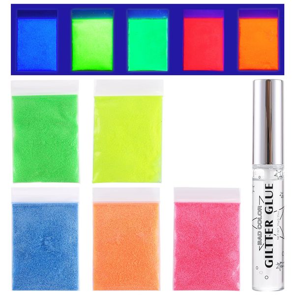 BADCOLOR 5 Pack UV Glow Body Glitters + Quick Dry Glue Kit, Neon Powder for Face, Hair, Eye Makeup, Nail Art, Cosmetic Loose Glitter for Music Festival Carnival Concert Party Rave Accessories