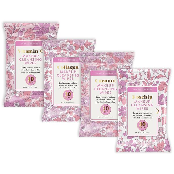 Beauty Concepts Facial Wipe Set - Packs of Face Wipes, Makeup Removing Wipes, Vitamin C, Collagen, Rosehip, & Coconut