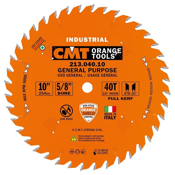 CMT 213.040.10 Industrial General Purpose Saw Blade, 10-Inch x 40 Teeth 20° ATB Grind with 5/8-Inch Bore, PTFE Coating