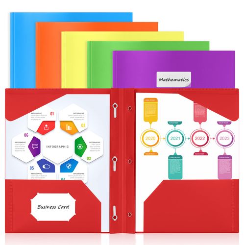 Sooez 6 Pack Pocket Folder with Prongs, Heavy Duty Plastic Folders with Pockets and Prongs, Two Pocket Folders with Prongs, Colored Prong Folders for Schoolwork & Office, Letter Size A4,Bright