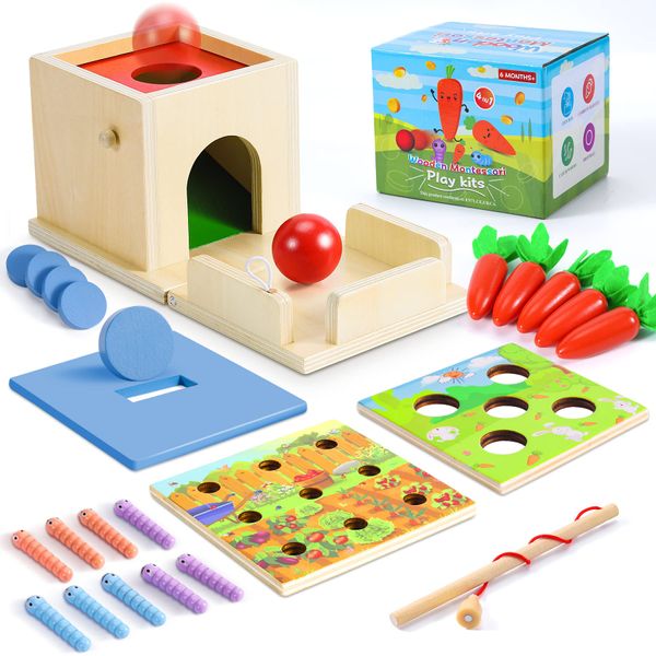 COOLJOY Montessori Toys for 1 Year Old | Wooden Activity Cube with Ball Drop Toy, Coin Box, Carrot Harvest Toy, Catch Worm Toy | Baby Sensory Toys Toddler Baby Gifts 2 3 4 Year Old