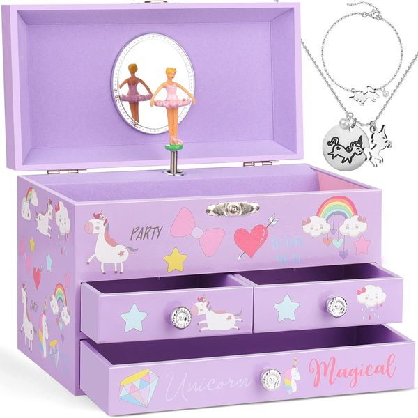 efubaby Musical Jewelry Box for Girls 3 Layer Jewelry Organizer with Drawers Spinning Ballerina Unicorn Design Included Unicorn Jewelry Set Kids Birthday Christmas Gifts for Girls, Purple