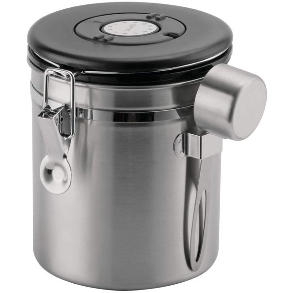 Café Olé CC-500S Stainless Steel Bean & Ground Coffee Storage Canister, 500g | Day/Date Tracking Dial, Measuring Scoop, Airtight Vacuum Seal, Silver