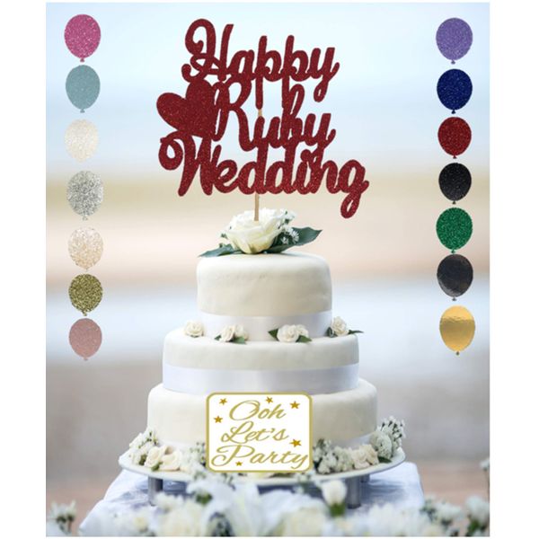 Happy Ruby Wedding Cake Topper, Party Supplies, Glitter, Red, Gold, Silver