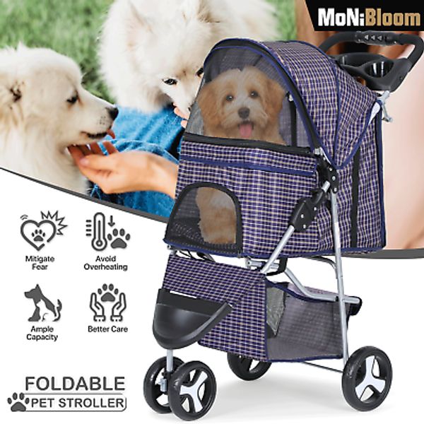 Foldable Pet Dog Stroller Portable 3 Wheels Travel Carrier Dog Cage w/Cup Holder