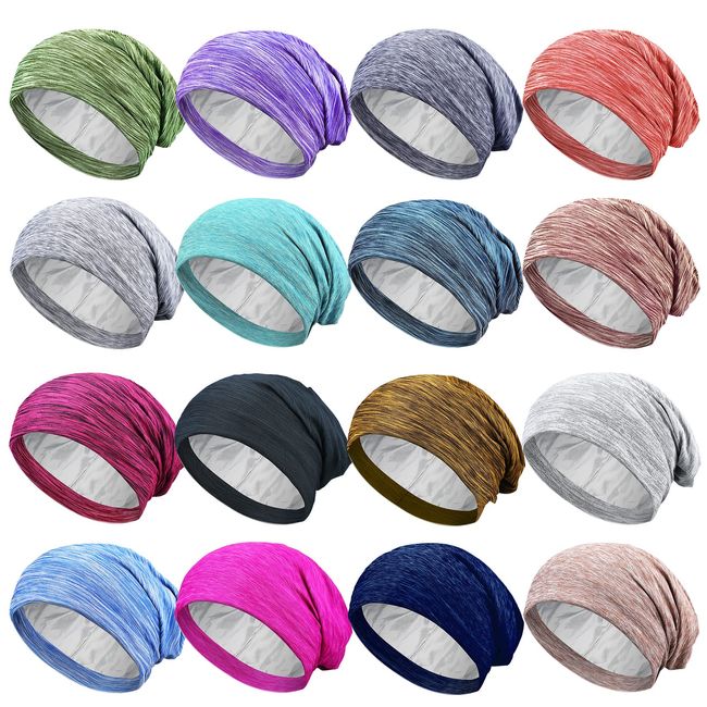 16 Pcs Satin Lined Sleep Cap African Silk Bonnet Beanie Double Layer Style Silk Hair Wrap Cover for Women (Fresh Style)