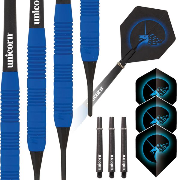 Unicorn Soft Tip Darts Set | Core Plus | Smooth Comfortable Rubberised Brass Barrels | Blue | 16 g