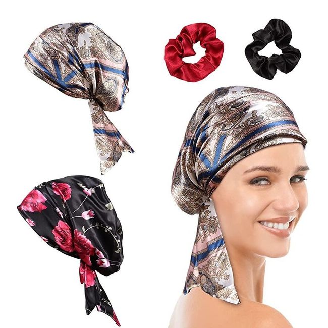 Bonnet with Tie Band Sleep Satin Silk Bonnet Strap Night - Women's Cap Amoeba Black Floral Pattern