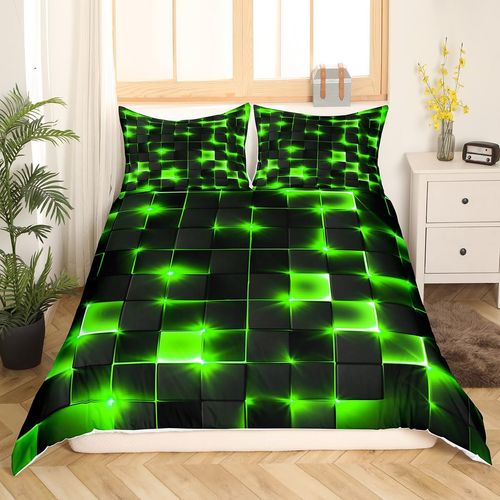 Castle Fairy Geometry Duvet Cover Queen Size,3D Modern Abstract Square Grid Duvet Cover Set for Children Adult,Green Neon Light Geometric Print Soft Comforter Cover for Dorm Room, Zipper, Ties