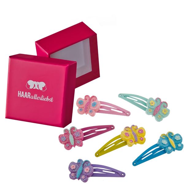 HAARallerliebst Hair Clips Set (6 Pieces | Glitter Butterflies | Colourful) for Girls with Storage Box (Box Colour: Pink)