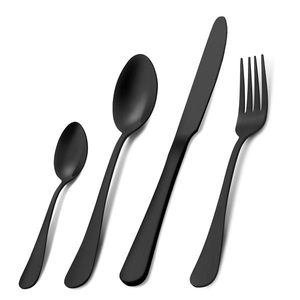 Cutlery Set, Pleafind 16 Piece Matte Black Cutlery Set, Service for 4, Stainless Steel Flatware Set, Matt Black Knife and Fork Sets, Silverware Set, Dishwasher Safe