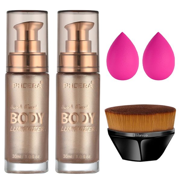 PHOERA Body Shimmer Oil, Body Bronzer Shimmer Oil,Body Glow Oil Shimmer Highlighter Luminizer Body Illuminator with Body Makup Bursh,Self Tanning Lotion,1oz/Jars (2PCS 101 Rose Gold)