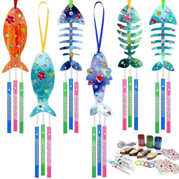 Colingmill 48 Pack Wind Chime Kit Wooden Fish Wind Chimes Kit DIY Craft Kits Wood Art and Craft Ornaments for Party Decorations Supplies Birthday Favors