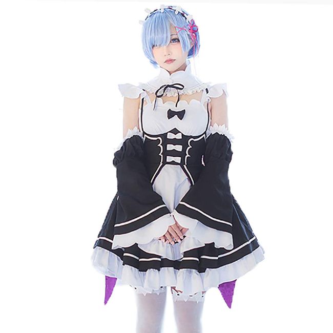 Milky Time Re:Zero−Starting Life in Another World Rem/Ram Cosplay Costume with Wig, Maid Outfit, Halloween (Rem, M)