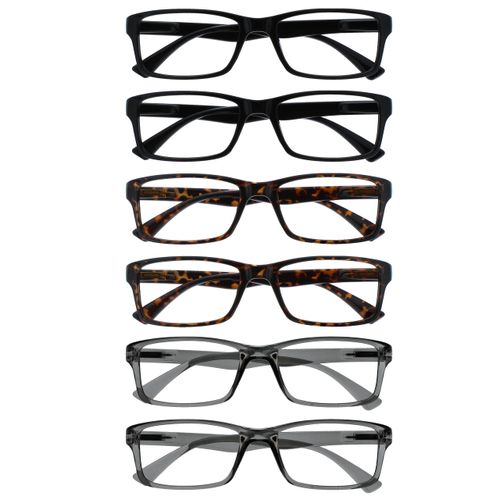 OPULIZE Pep Reading Glasses 6 Pack Classic Everyday Rectangular Frame Scratch Resistant Spring Hinges Black Brown Tortoishell Grey Mens Womens RRRRRR92-112277 +1.50