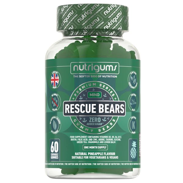 Rescue Bears Daytime Stress & Anxiety Relief | Pineapple Flavour | 60 Vegan Gummies | with Glycine, Taurine, Green Tea, Lemon Balm, Chamomile, Vitamins & Prebiotics for Calming