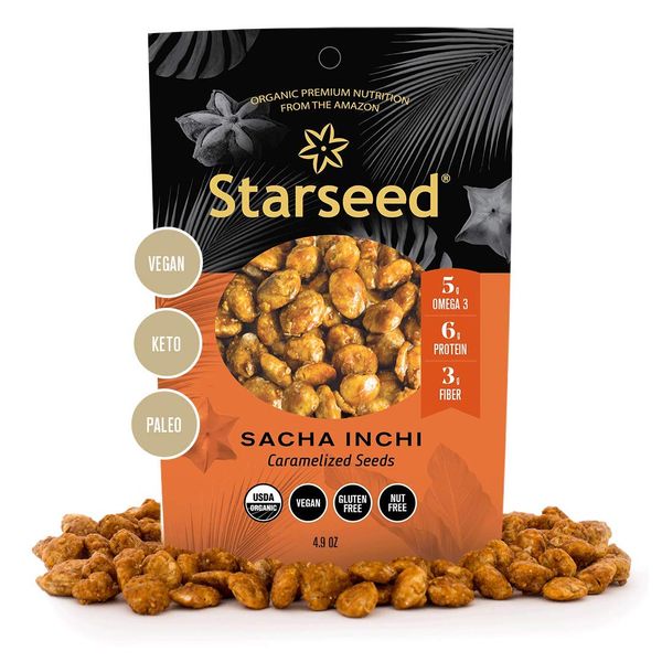 Starseed Sacha Inchi Seeds - Organic Protein Snack With Omega 3 and Fiber - Vegan Gluten Free Paleo and Keto Snacks - 4.9oz Bag, 5 Servings - Caramelized