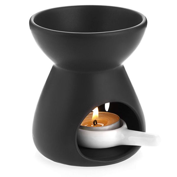 BSTKEY Ceramic Oil Burner Aroma Diffuser, Decorative Wax Melt Burner with Little Candle Spoon, Candle Burner for Home Office, Funnel Model (Black)