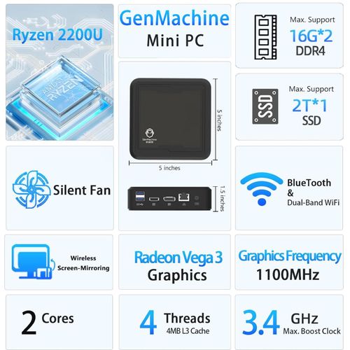 GenMachine Mini PC,AMD Ryzen 3 2200U Mini Computers Up to 3.4GHz 2c/4t, 8GB DDR4, 256GB SSD & M.2 NVME Mini Gaming PC with Dual HDMI Display/Wifi5/BT4.2 Gaming/Office/Design