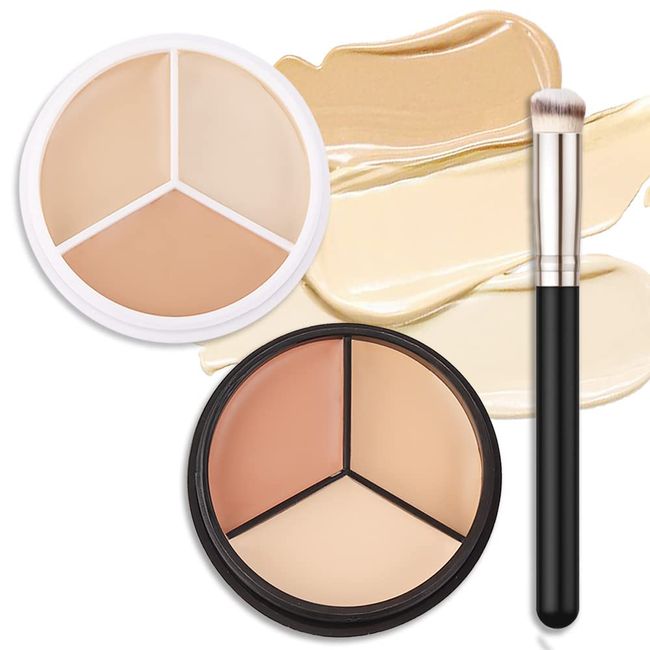 2pcs Tri-color Face Concealer Contour Palette With Brush for Light Medium Skin. Correct Cream Foundation Palet for Under Eye Dark Circles Eyelid Tattoo. Ivory Cream Makeup Plate corrector de ojeras