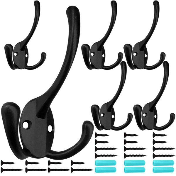 6 Pack Big Heavy Duty Three Prongs Coat Hooks Wall Mounted with 24 Screws (Two Types of Screws Included) Retro Double Utility Rustic Hooks for Thick Coat, Big Heavy Bags (6 Pack)